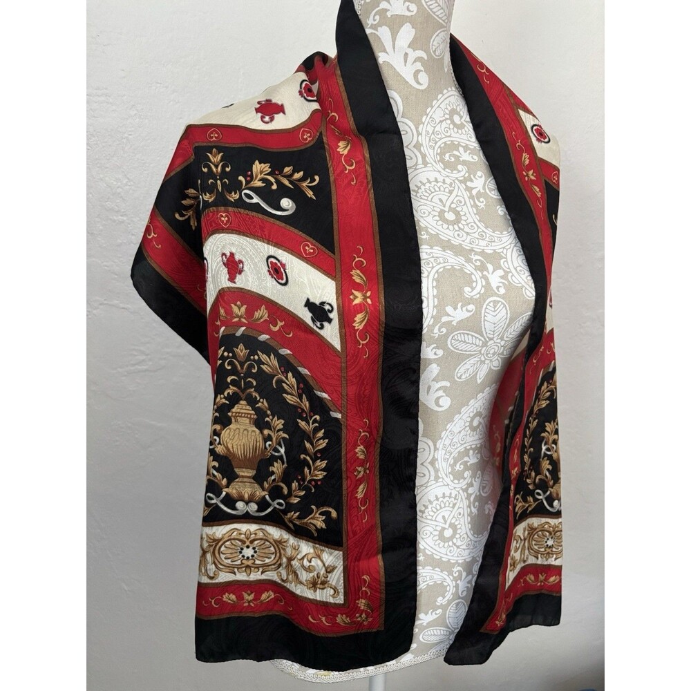 Vintage Scarf Oblong 14” X 59” Silky Black Gold Red Leaf Floral Polyester